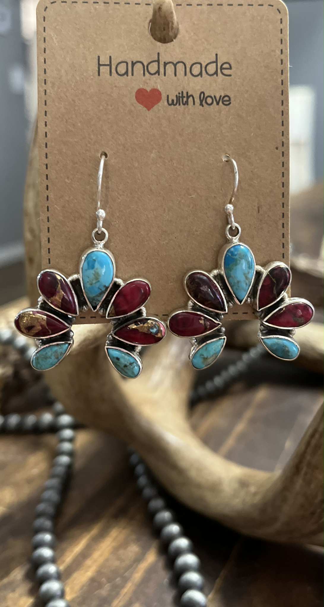 Turquoise/Red Dahlia Earrings
