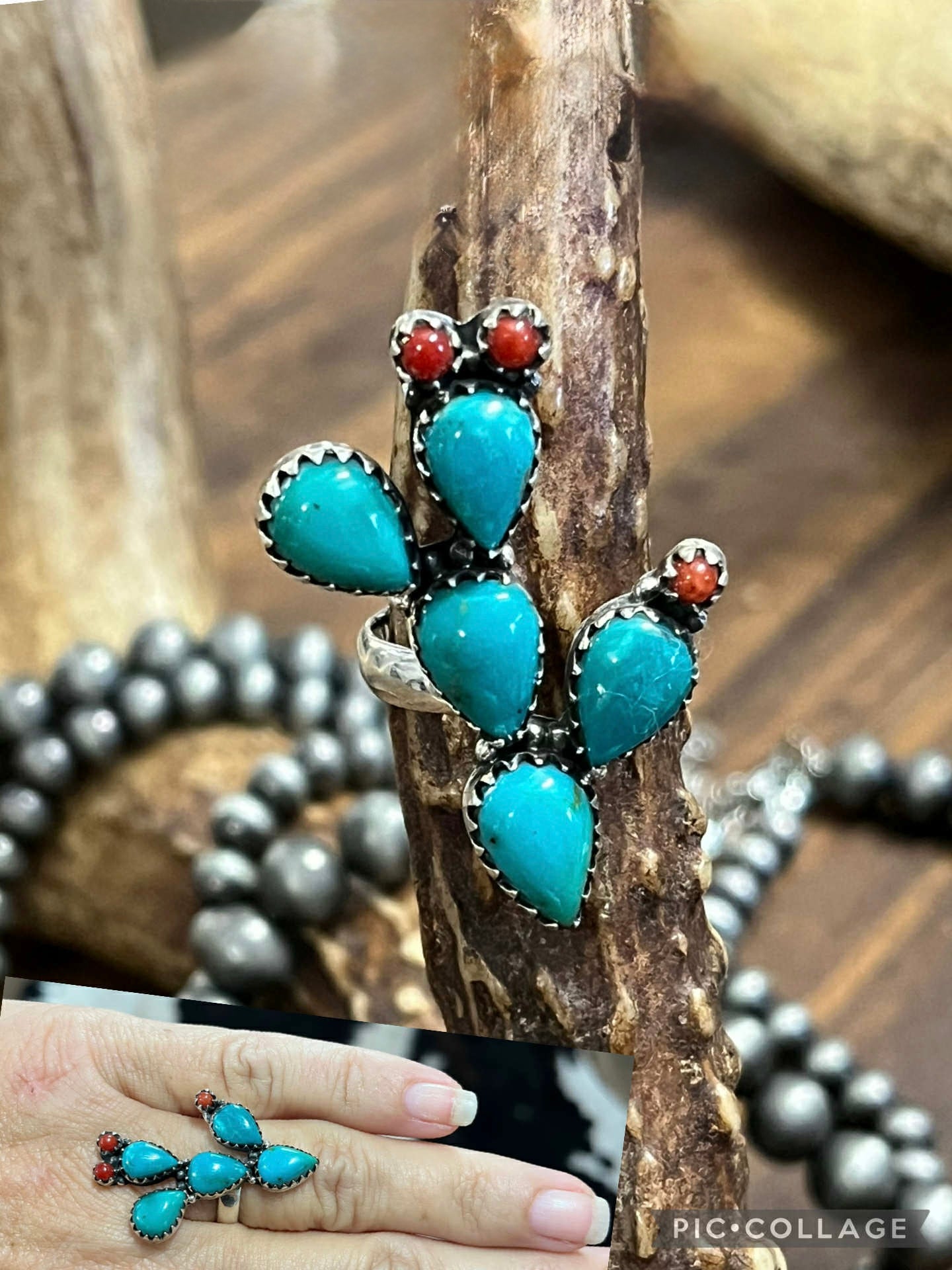 Turquoise/Coral Cactus Ring
