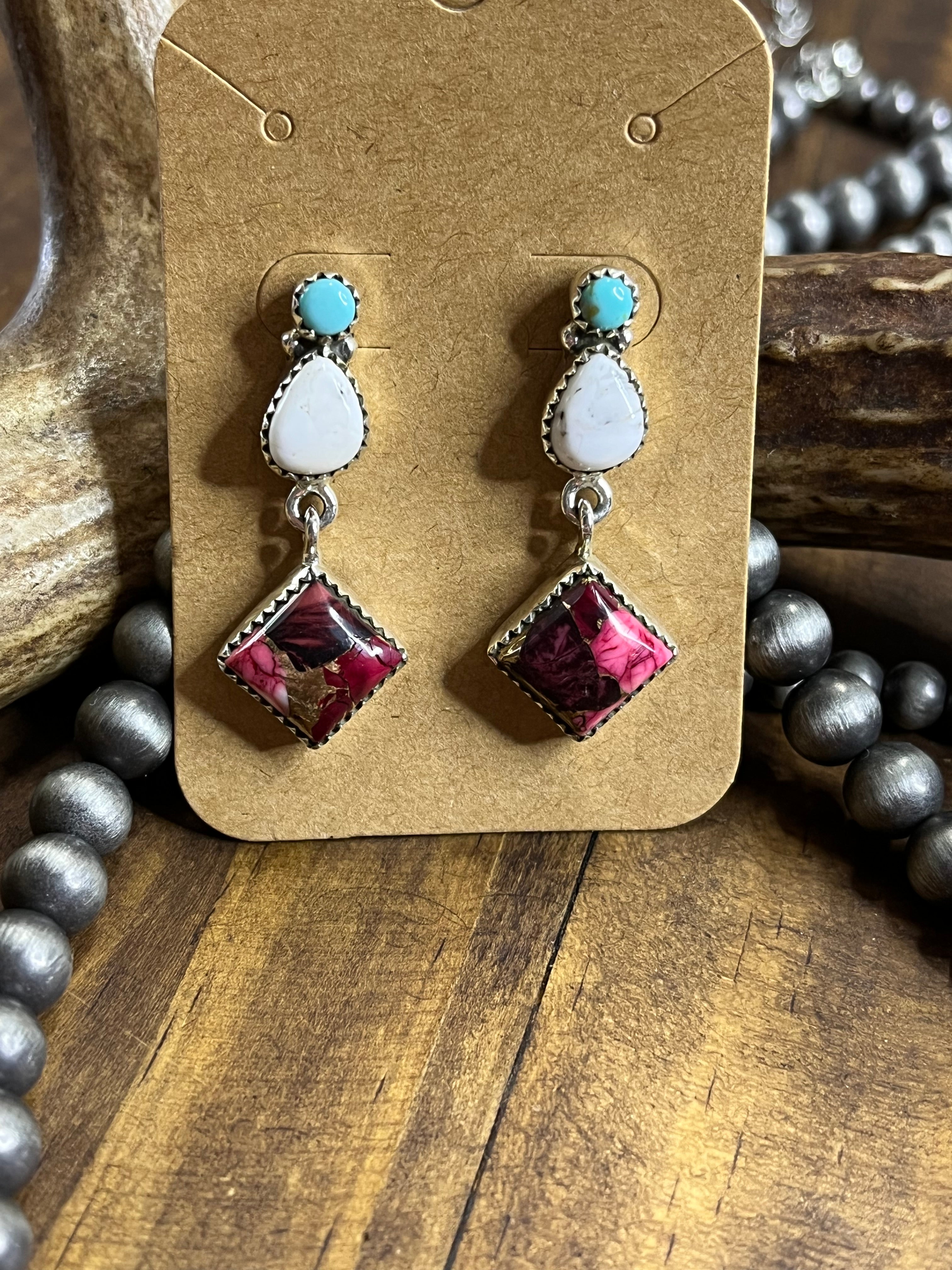 Rose Dahlia/White Buffalo/Kingman Turquoise Earrings