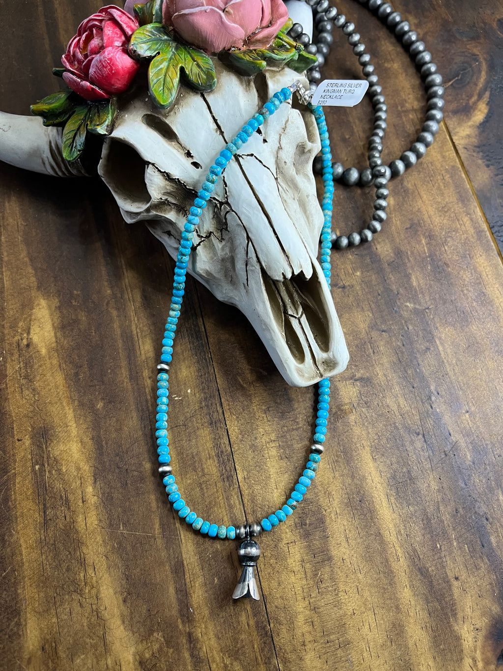 Navajo “Joan Begay” Kingman Turquoise/Navajo Pearls Squash Necklace