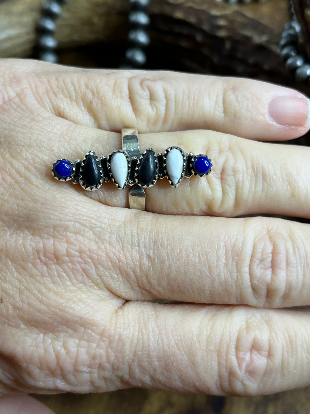 White Buffalo/Black Onyx/Lapis Ring..Adjustable
