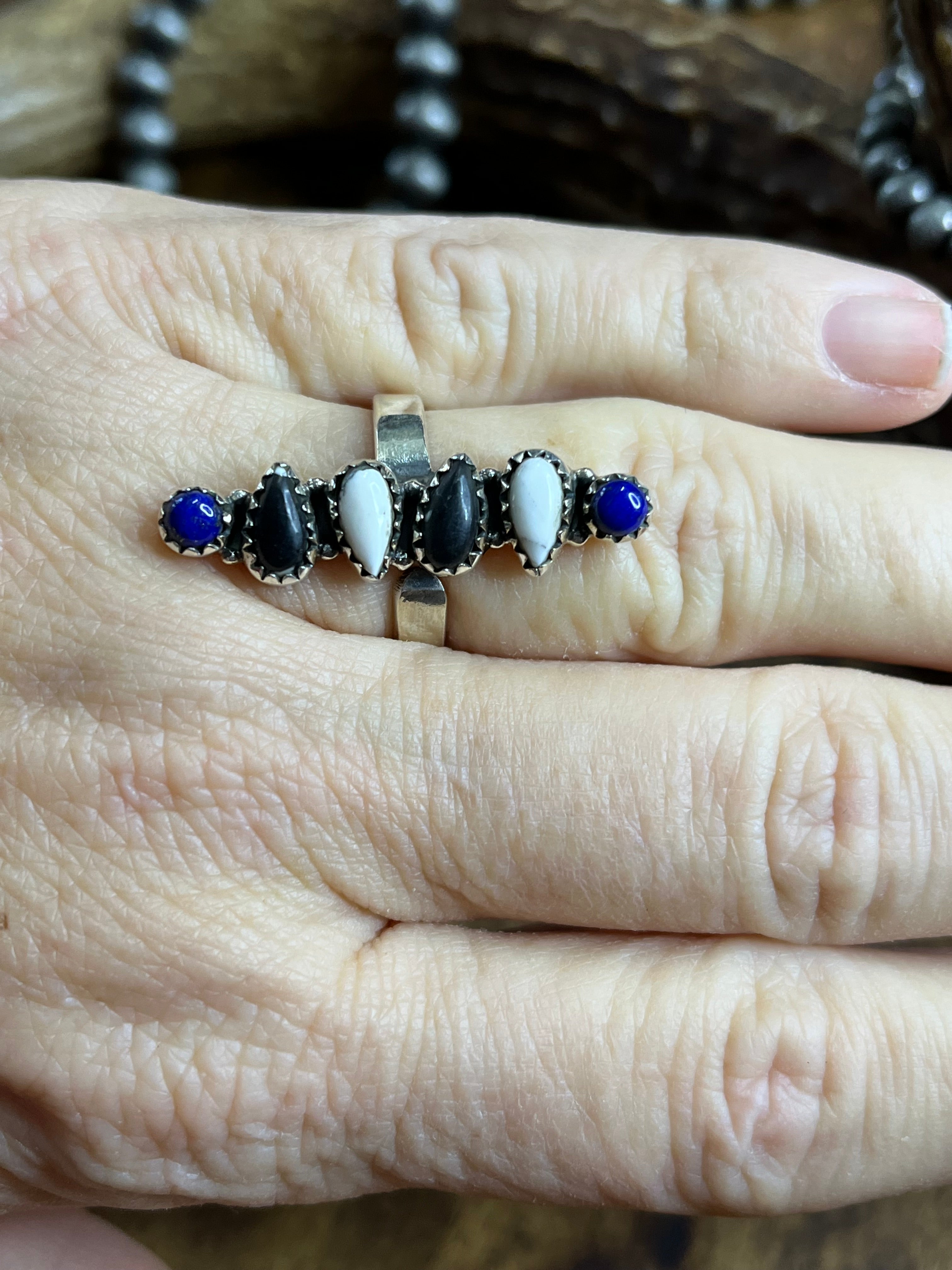 White Buffalo/Black Onyx/Lapis Ring..Adjustable