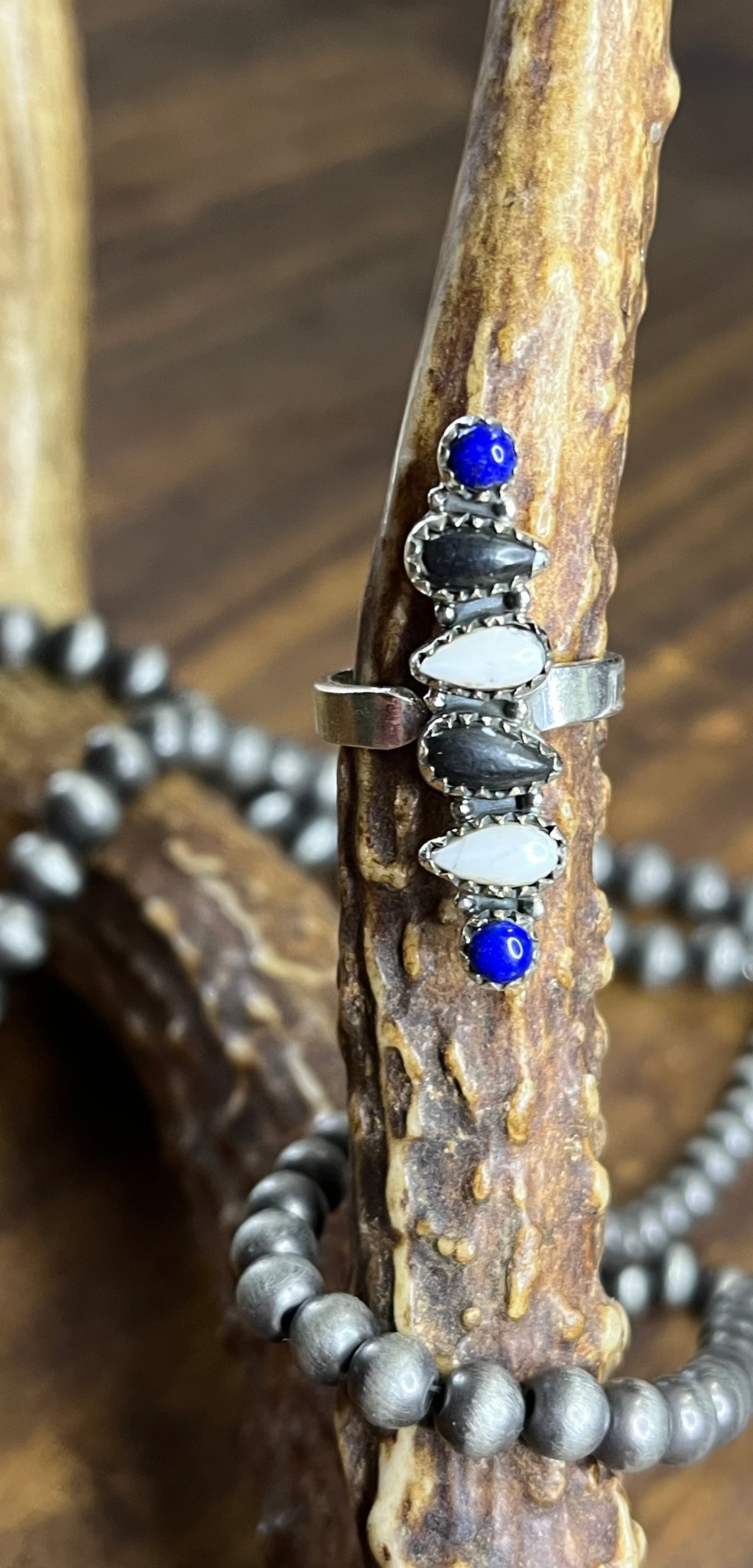 White Buffalo/Black Onyx/Lapis Ring..Adjustable